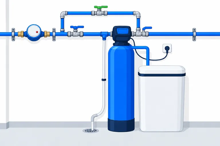 Dessin d’un adoucisseur d’eau posé sur l’arrivée d’eau après le compteur, avec son by-pass, son bac à sel, une évacuation et une prise électrique