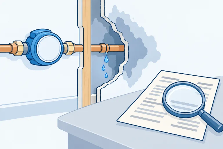 Dessin : un compteur d’eau, un tuyau qui fuit dans un mur ouvert et une facture examinée à la loupe