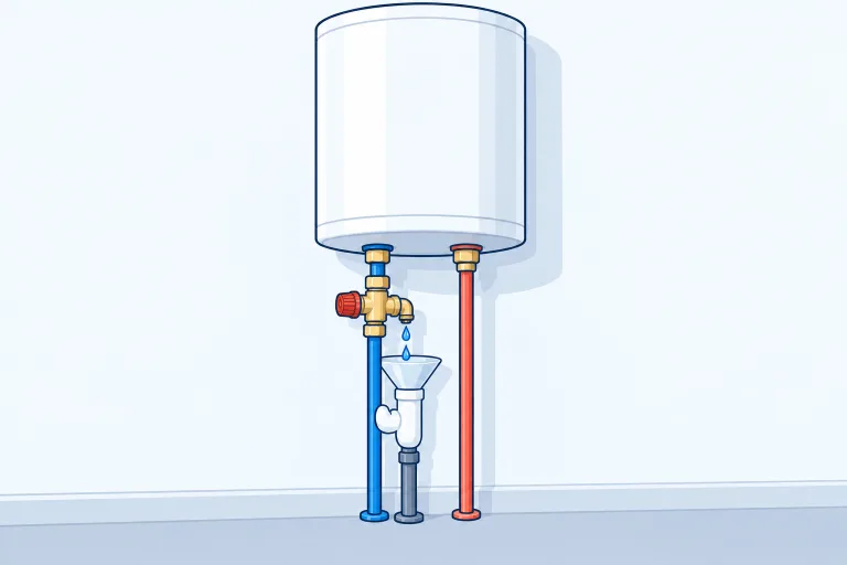Dessin : le groupe de sécurité sous un chauffe-eau électrique, avec son entonnoir raccordé à l’évacuation