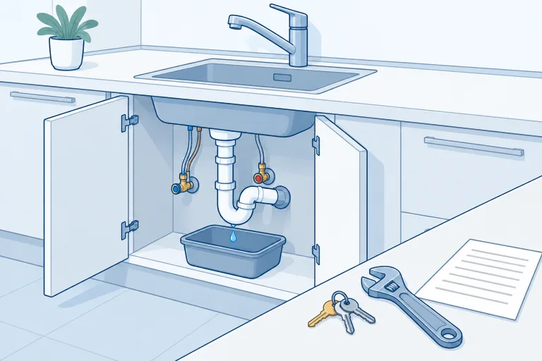 Dessin : un meuble sous évier ouvert, un siphon qui goutte dans une bassine, des clés, une clé à molette et un devis